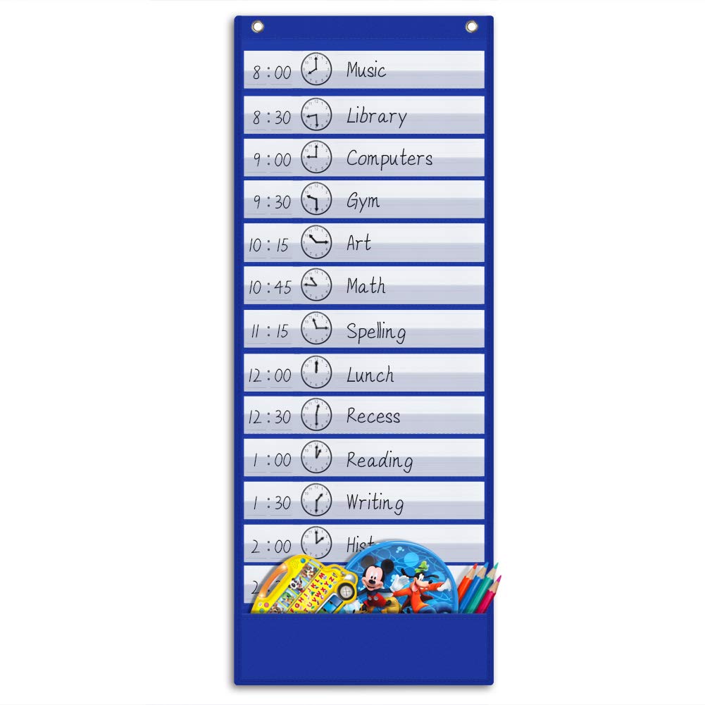 ZKOO Daily Schedule Pocket Chart, School Schedule Pocket Chart with 18 Blank Double-Sided Reusable Cards, Teaching Scheduling Pockets Charts for Classroom 13+1 Pockets (Blue)