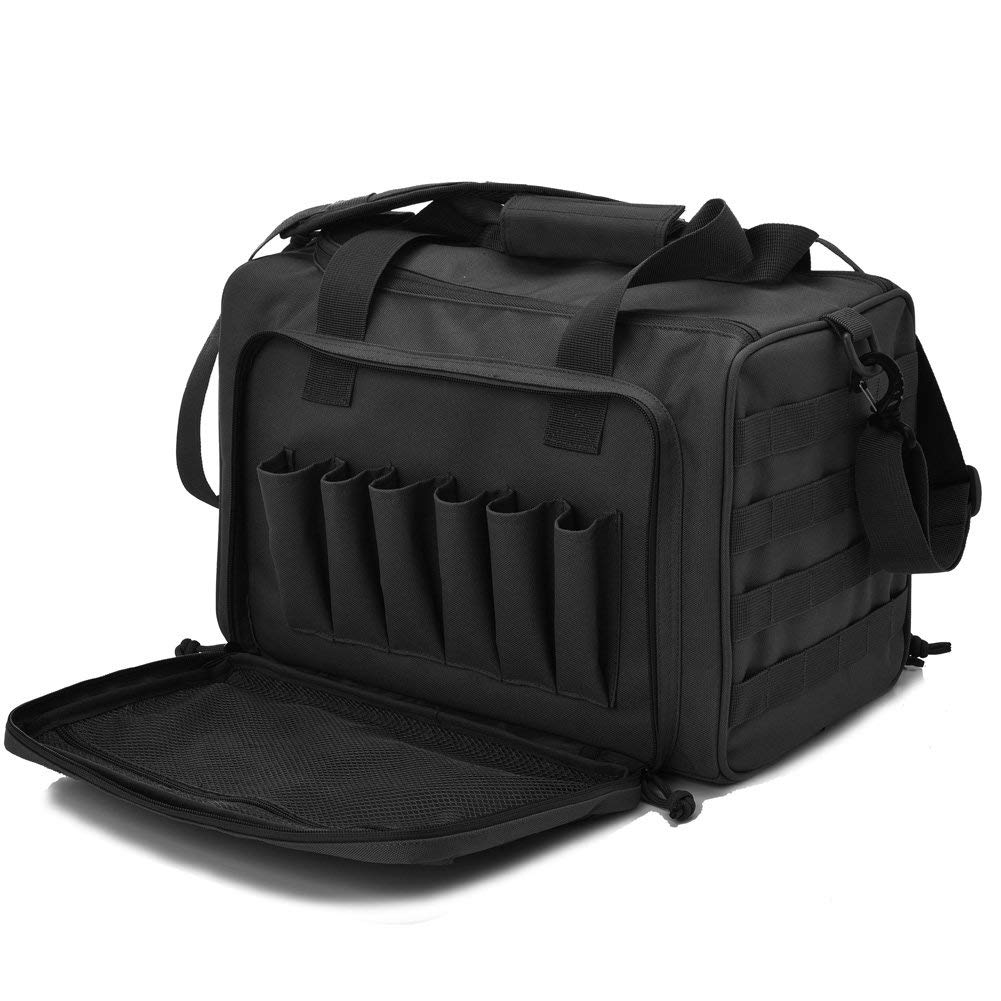 ZKOO Tactical Pistol Range Bag, Pistol Shooting Range Bag for 4 Handguns with 3 Velcro Dividers 6 Magazine Slots and Extra Pockets Ammo Suitable for Shooting Training Grounds, Shooting Ranges(Black)