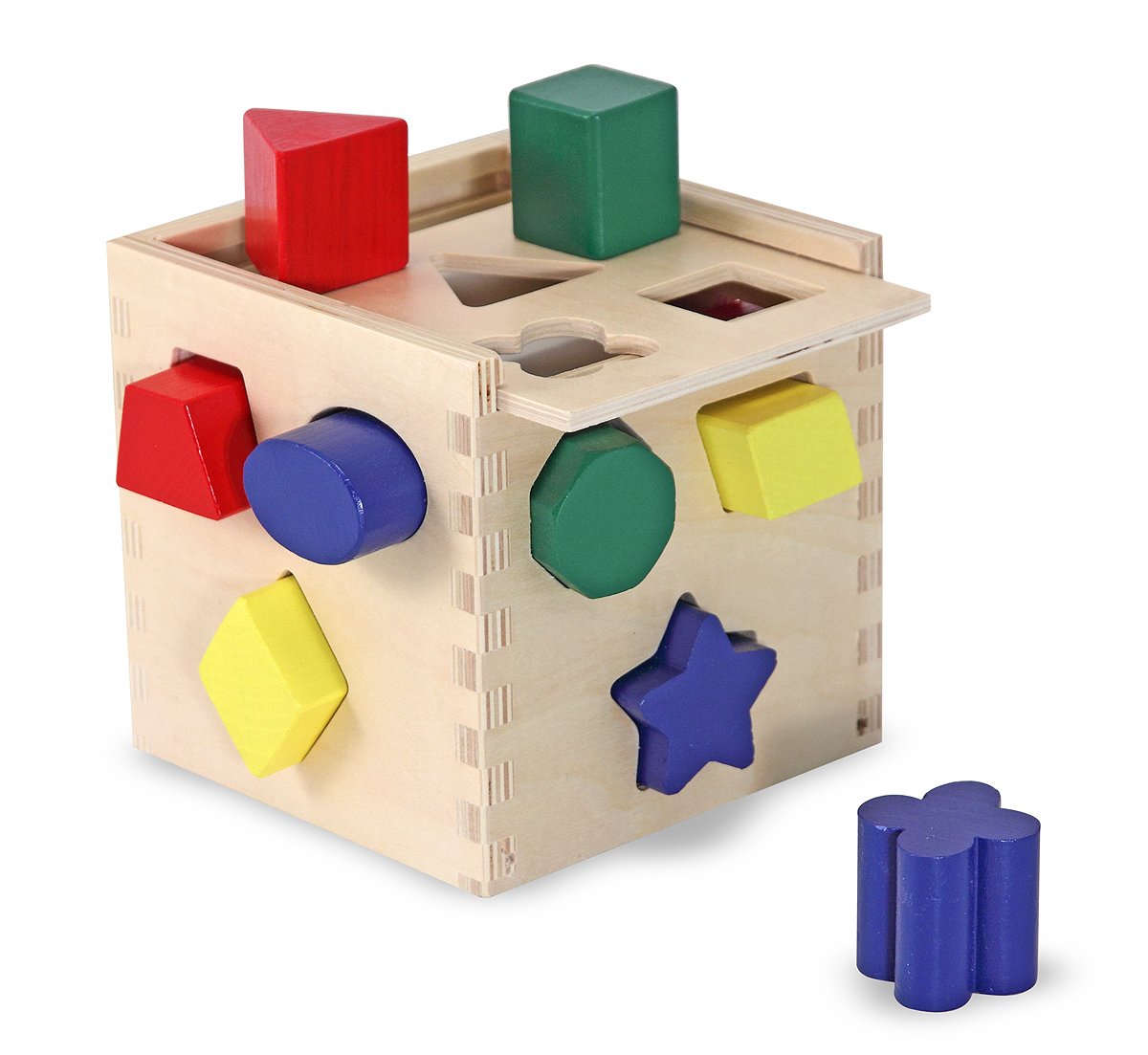 Image shows a wooden sorting block toy