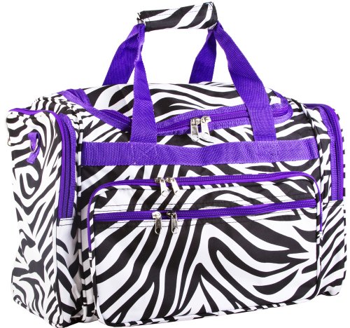 World Traveler 22-inch Zebra Print Duffle Bag, Black and White with Dark Purple Trim