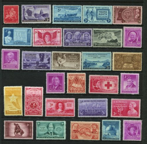 Complete set of US Commemorative Stamps issued in 1948 Mint, Never-hinged California Gold Rush, Mississippi, Wisconsin, Francis Scott Key, Oregon Territory, Red Cross, Volunteer Firemen, Rough Riders, Indians, Lincoln, and more