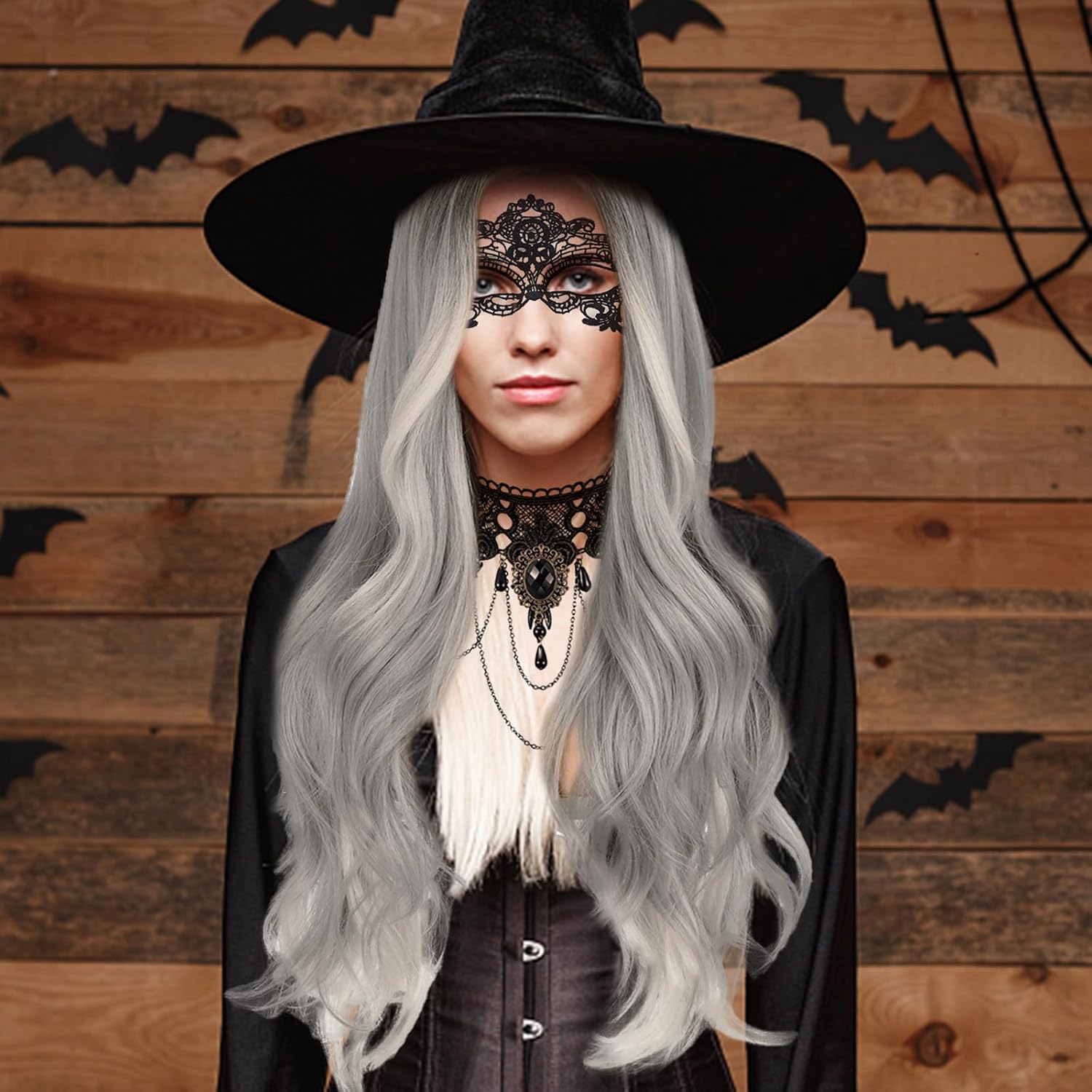 70cm Silbergraue Perücke für Damen Kunsthaarperücke mit Haarnetz Grau Langes gewelltes lockiges Haar Gothic Hexenperücke Karneval Damen Kostüm Accessoire Halloween_voghion.com