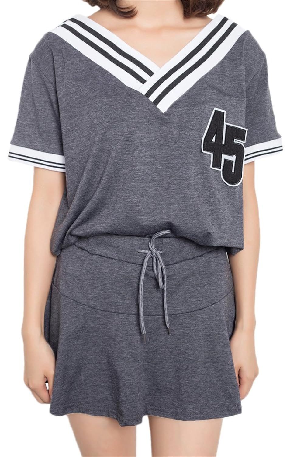 

MapleClan Preppy Girls' V Neck Striped T Shirt with Mini Skirt Playsuit Sportwear