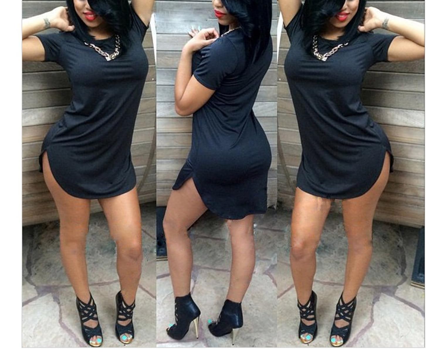 

MOACC Women Casual Short Sleeve Side Split Tee Shirt Sexy Midi Dress