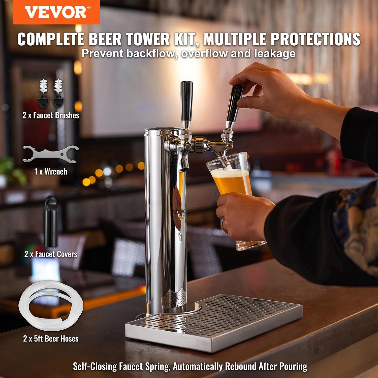 VEVOR Dispenser a torre per birra alla spina a doppio rubinetto, torre per birra in fusto in acciaio inox, kit torre kegerator con tubi preassemblati e chiusura automatica_voghion.com