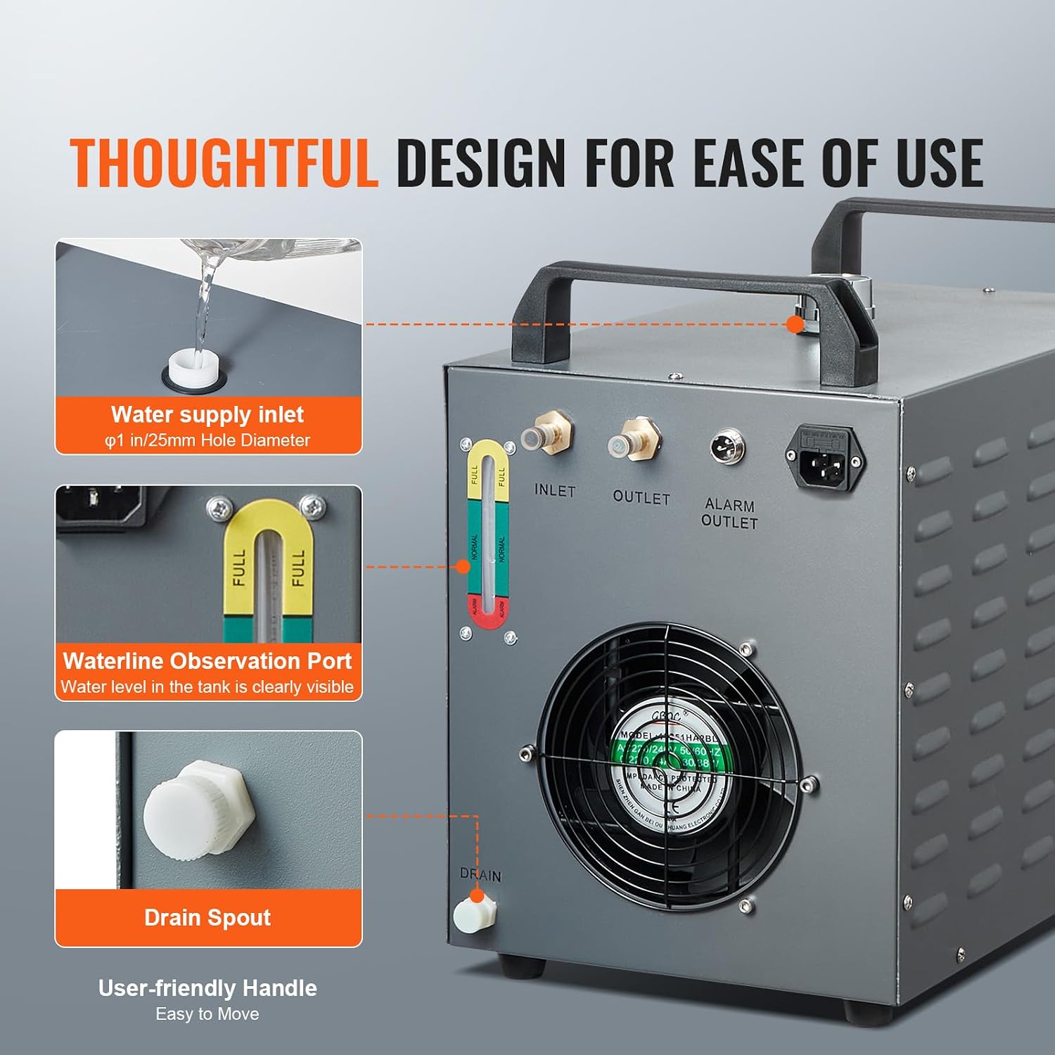 Refrigeratore d'acqua industriale VEVOR, CW-3000, sistema di raffreddamento aria-acqua 80W, capacità serbatoio acqua 12L, portata massima 12L/min per macchine per incisione laser_voghion.com