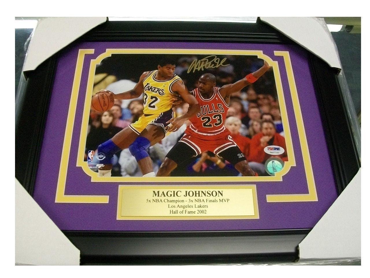 

Magic Johnson Signed Picture - Vs Michael Jordan Psa 8x10 Framed Authentic - Autographed NBA Photos