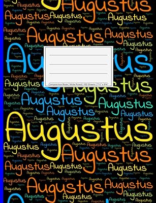 Augustus: Wide Ruled Composition Book, 200 pages, size 7.44" x 9.69", white paper with light grey lines, Soft black cover filled with wordcloud made ... colors and directions and a blue spline.