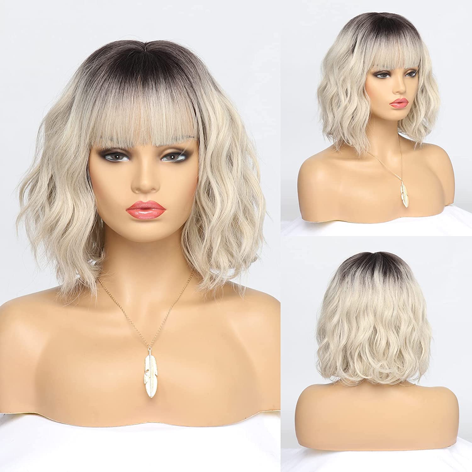 Kurze blonde Perücke für Frauen, natürliches Kunsthaar, Ombre-Bob-Perücke mit ordentlichem Pony, dunklem Ansatz für Alltag/Party/Cosplay (10 Zoll, Blond)._voghion.com