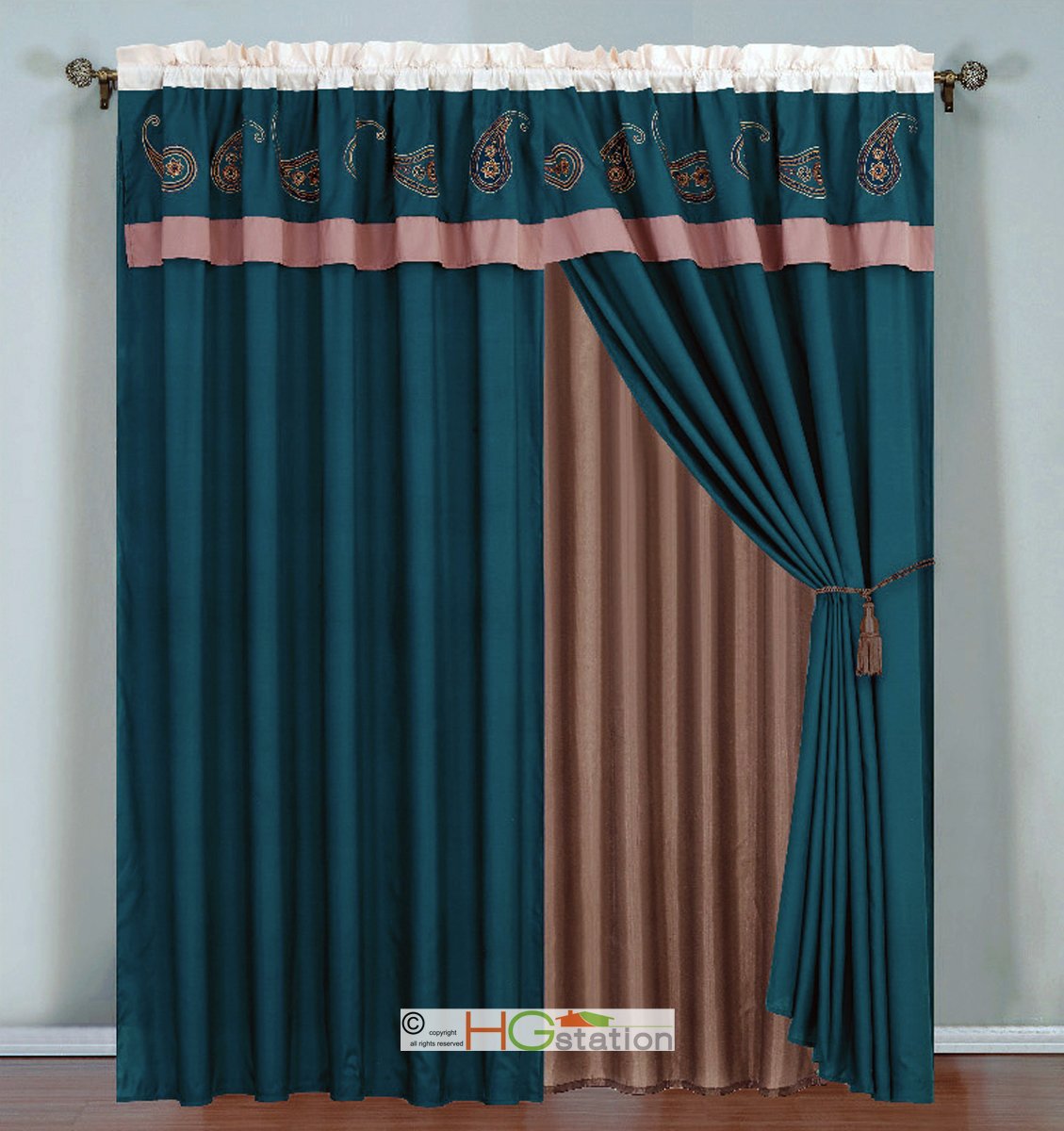 

4-Pc Paisley Floral Embroidery Striped Curtain Set Blue Khaki Beige Valance Drape Sheer Liner Tieback