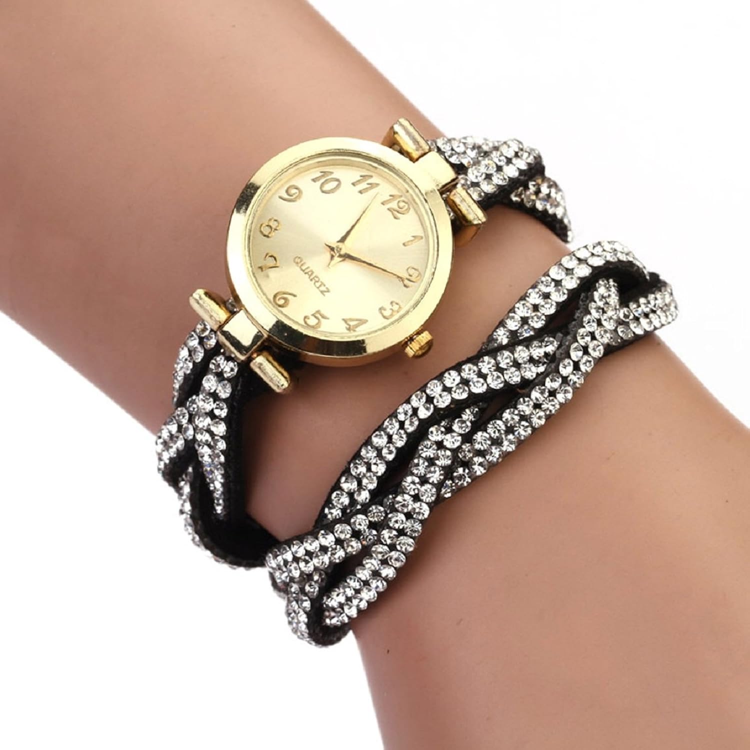 

Lowpricenice Elegant Fashion Women Crystal Bracelet Watch Dial Quartz Analog Wrap Wristwatch Black