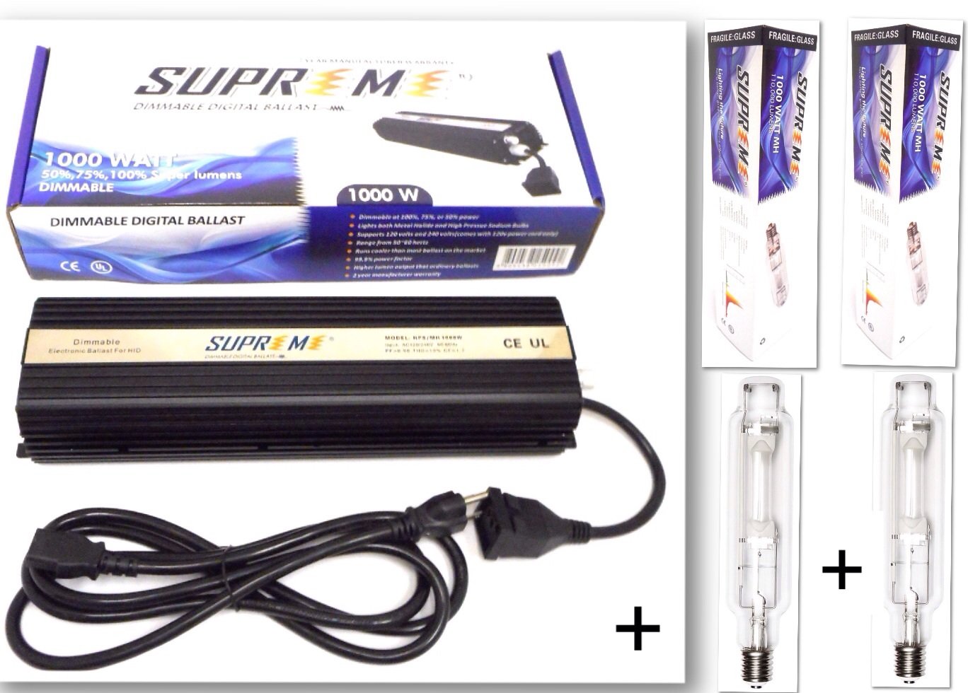 

Supreme Grow Light - 1000Watt Dimmable Digital Ballast + Two 1000 Watt MH Bulb for Grow Light