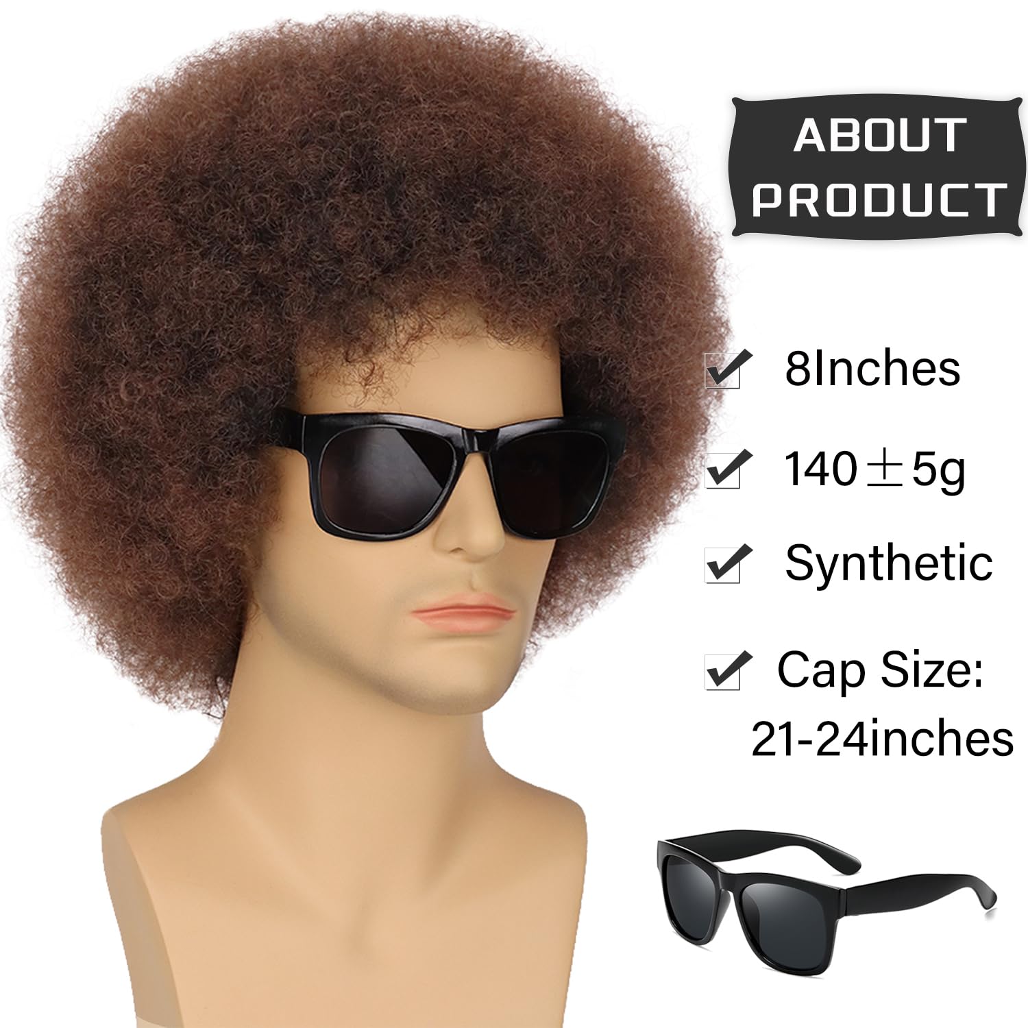 Perruque G&T Afro pour homme, style années 70-80, courte et bouclée, brune, rockeuse, idéale pour les fêtes, le disco, Halloween, le cosplay, perruque synthétique amusante (brun foncé)._voghion.com