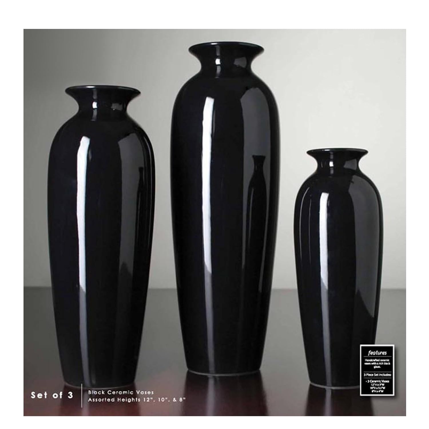 

Hosley's Elegant Expressions Set of 3 Black Ceramic Vases in Gift Box- Box of 1 set
