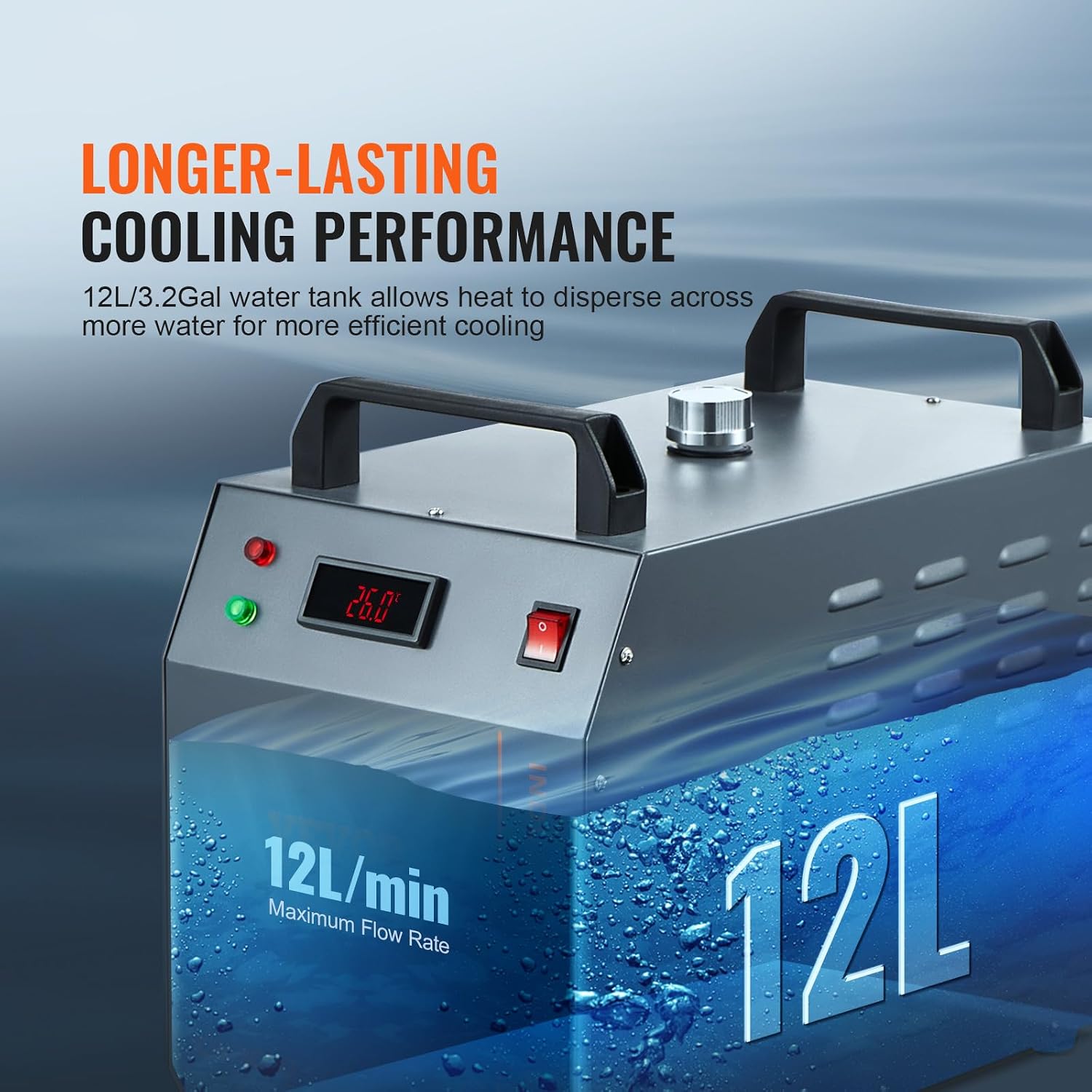 Refrigeratore d'acqua industriale VEVOR, CW-3000, sistema di raffreddamento aria-acqua 80W, capacità serbatoio acqua 12L, portata massima 12L/min per macchine per incisione laser_voghion.com