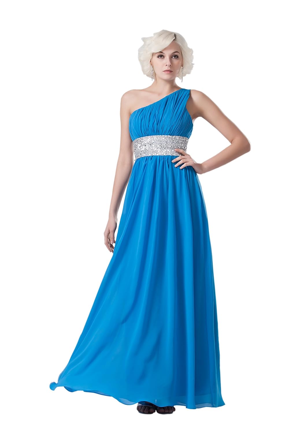 

VogueZone009 Womens Sleeveless Pongee Chiffon One Shoulder Full Dress with Beads
