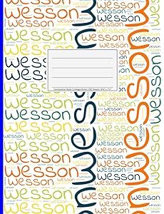 Wesson: College Ruled Composition Book, 200 pages, size 7.44" x 9.69", white paper with light grey lines, Soft white cover filled with wordcloud made ... colors and directions and a blue spline.