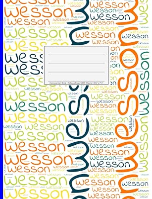 Wesson: College Ruled Composition Book, 200 pages, size 7.44" x 9.69", white paper with light grey lines, Soft white cover filled with wordcloud made ... colors and directions and a blue spline.