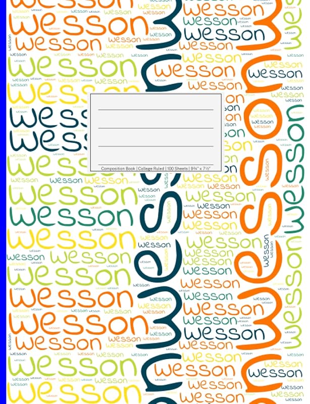 Wesson: College Ruled Composition Book, 200 pages, size 7.44" x 9.69", white paper with light grey lines, Soft white cover filled with wordcloud made ... colors and directions and a blue spline. by NWF Publishing