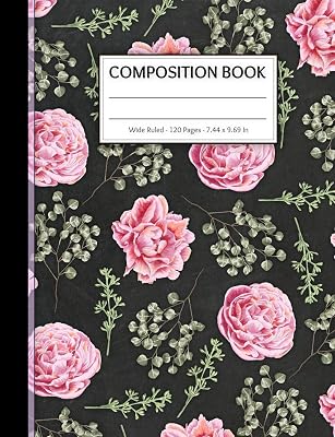 Composition Book: 120 Pages - Wide Ruled - For Girls in Elementary or Middle School - Matte Cover with Pink Rose Flower Pattern - 7.44 x 9.69 Inches