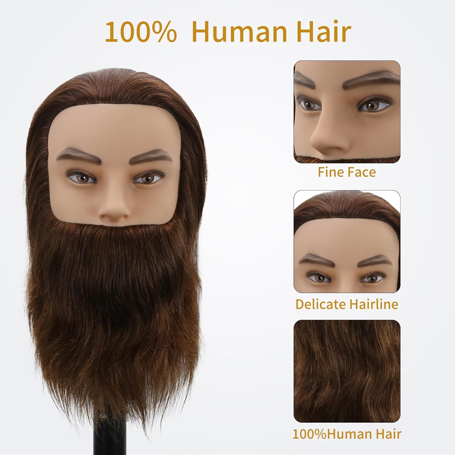 Testa di manichino maschile, testa da allenamento con capelli 100% umani, testa di manichino da barbiere da 30 cm, testa di manichino maschile con barba per acconciature (marrone scuro)_voghion.com