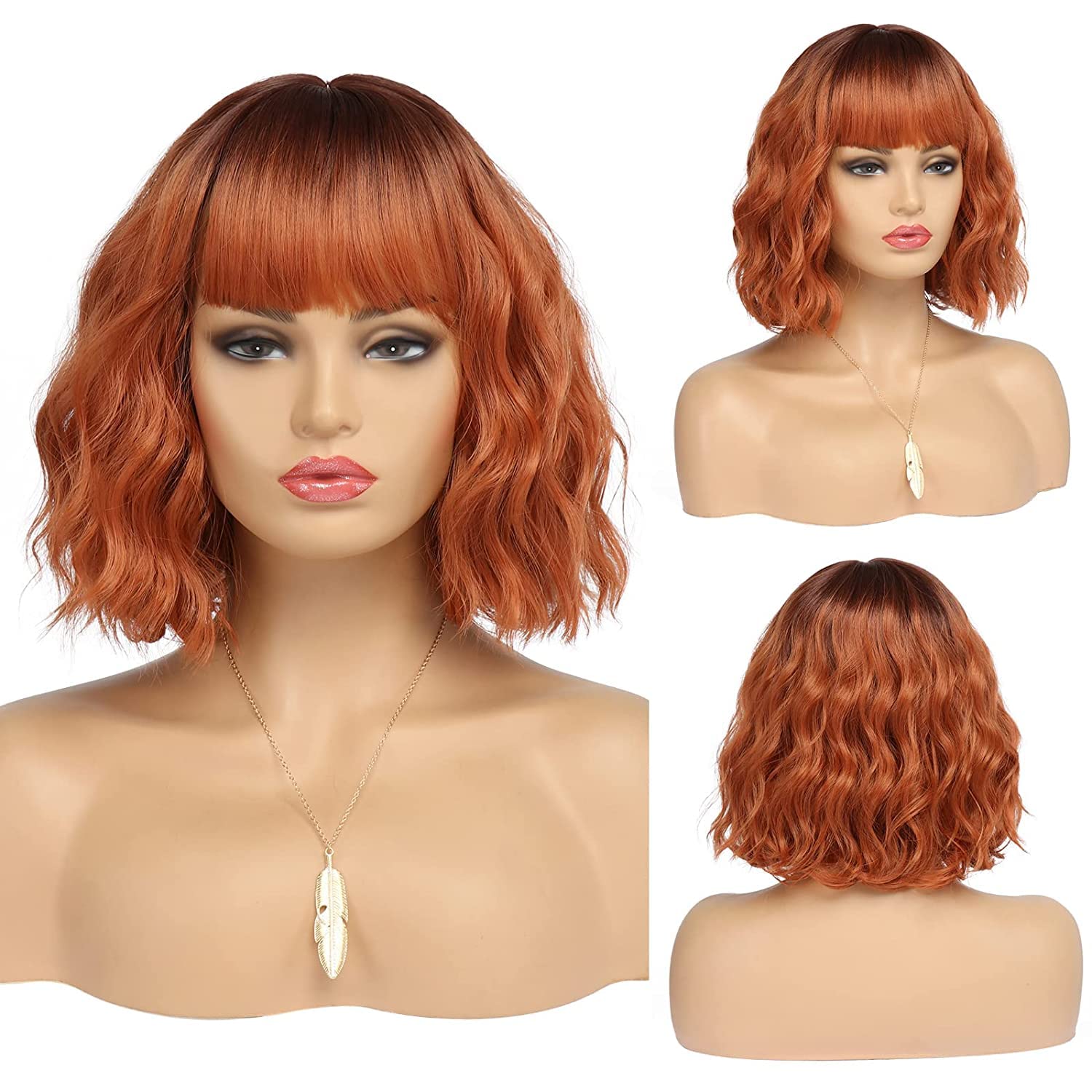 Kurze blonde Perücke für Frauen, natürliches Kunsthaar, Ombre-Bob-Perücke mit ordentlichem Pony, dunklem Ansatz für Alltag/Party/Cosplay (10 Zoll, Blond)._voghion.com