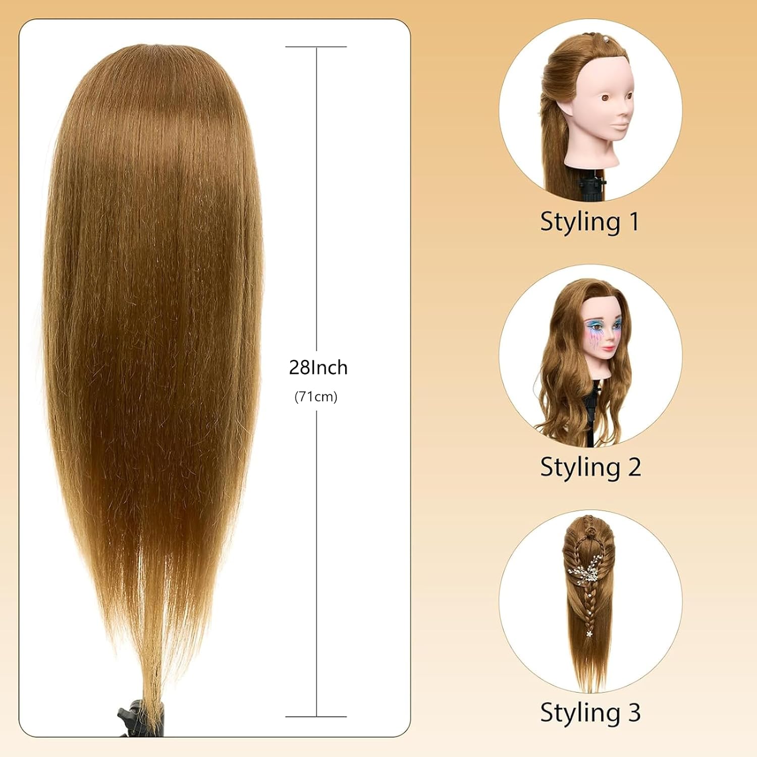 71 cm (28 inch) oefenhoofd met echt haar - 80% echt haar oefenhoofd voor make-up oefeningen, cosmetologie oefenpop voor haarstyling, kappersopleiding_voghion.com