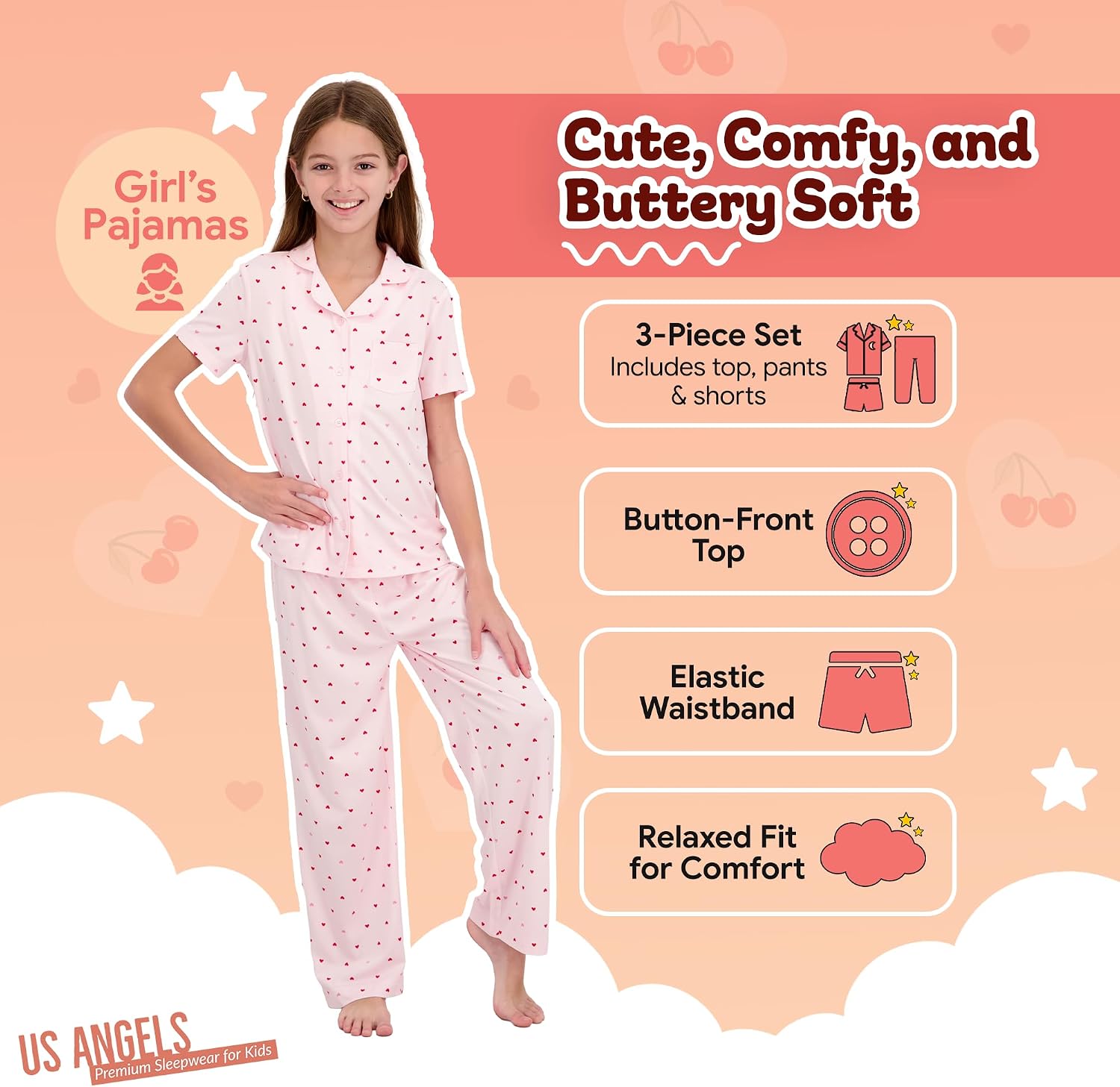 US Angels Girls Pajama Set 3 Piece, Short Sleeve Button Down PJs With Shorts & Pants, Soft Sleepwear Girls & Tweens Size 5-16_voghion.com