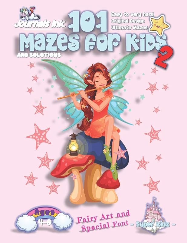 101 Mazes For Kids 2: SUPER KIDZ Book. Children - Ages 4-8 (US Edition). Fairy with Flute custom art interior. 101 Puzzles with solutions - Easy to ... book for fun activity time! (Fairy 19MD4) by Journals Ink.