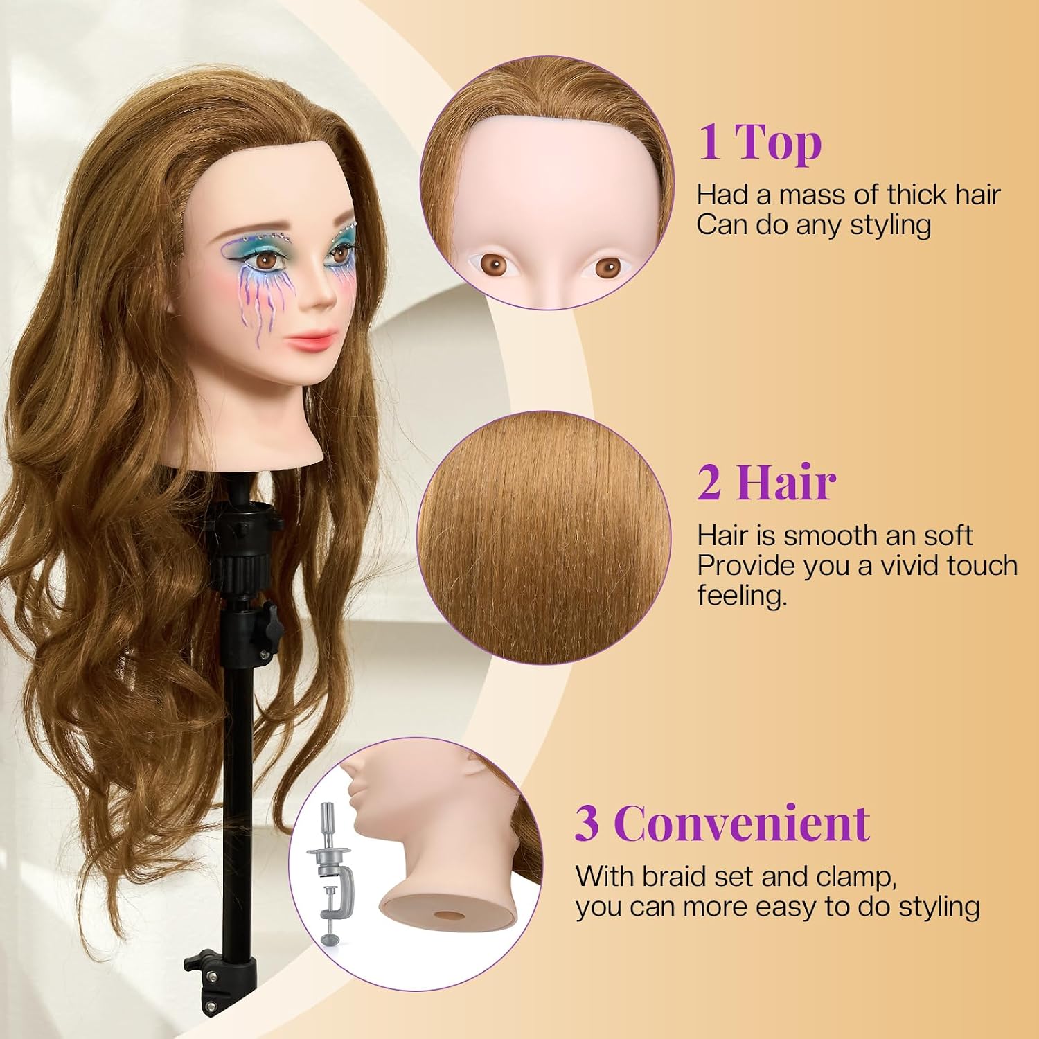 71 cm (28 inch) oefenhoofd met echt haar - 80% echt haar oefenhoofd voor make-up oefeningen, cosmetologie oefenpop voor haarstyling, kappersopleiding_voghion.com