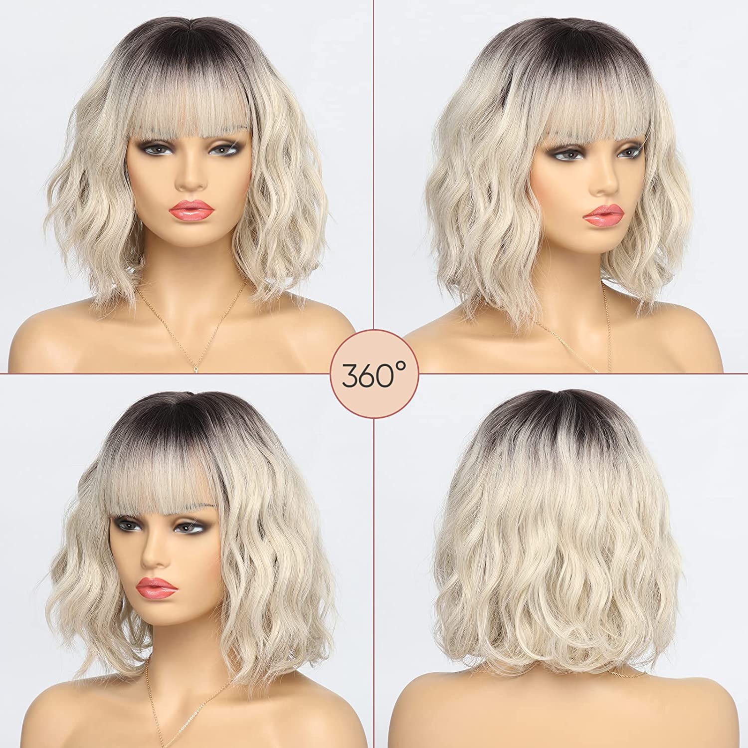 Kurze blonde Perücke für Frauen, natürliches Kunsthaar, Ombre-Bob-Perücke mit ordentlichem Pony, dunklem Ansatz für Alltag/Party/Cosplay (10 Zoll, Blond)._voghion.com
