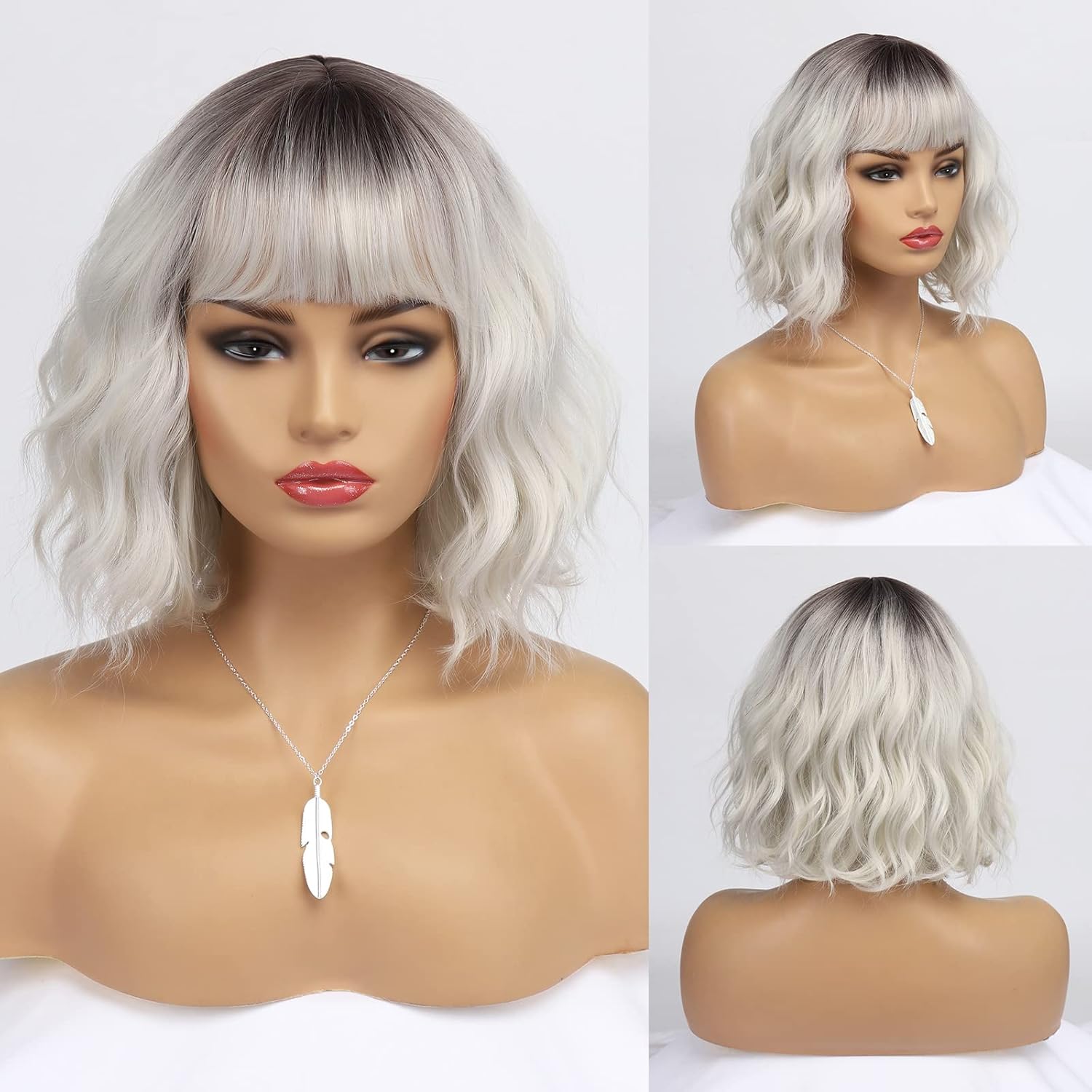 Kurze blonde Perücke für Frauen, natürliches Kunsthaar, Ombre-Bob-Perücke mit ordentlichem Pony, dunklem Ansatz für Alltag/Party/Cosplay (10 Zoll, Blond)._voghion.com