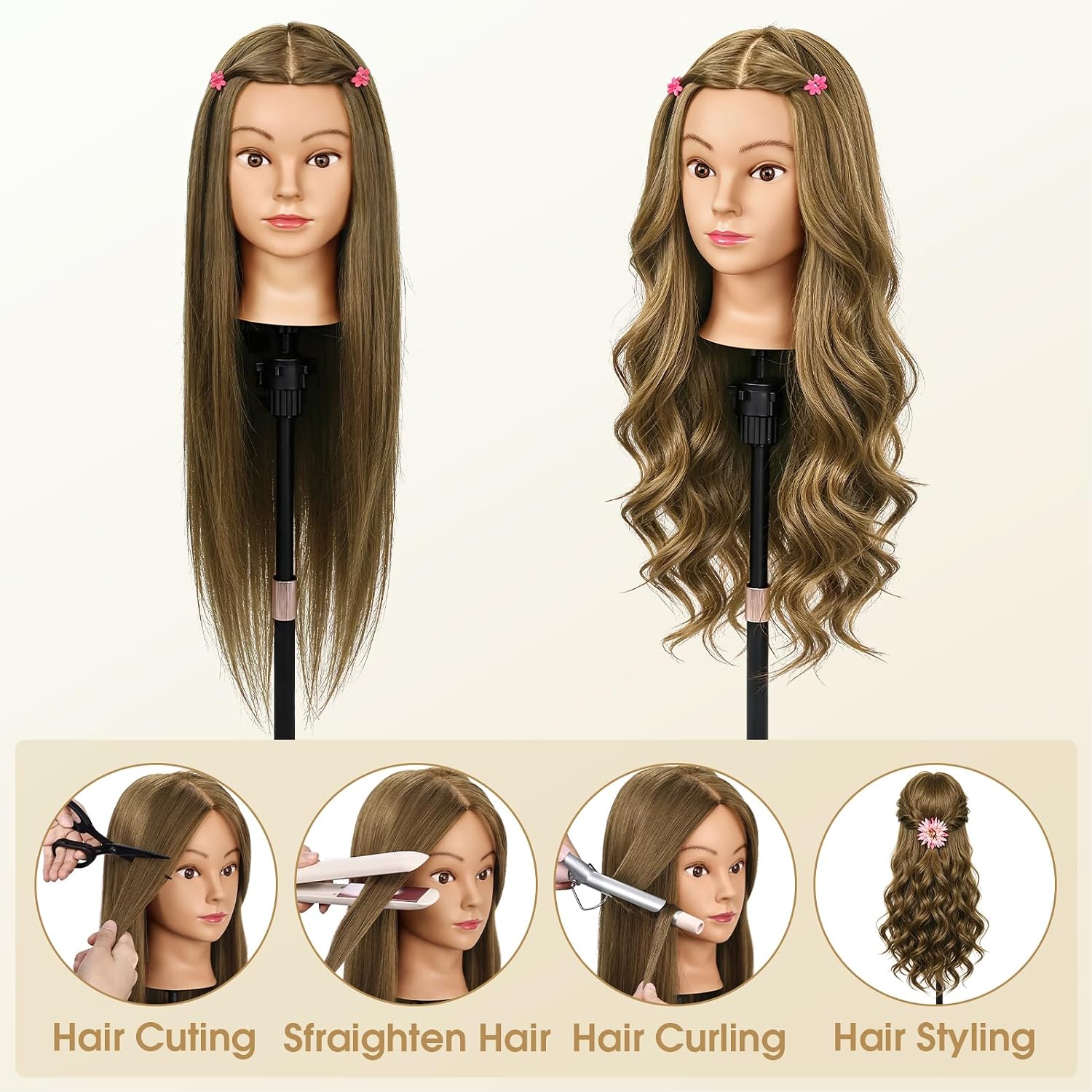 26" Mannequinhoofd van echt mensenhaar, 80% echt haar, voor cosmetologie, oefenpop voor het vlechten van haar en kapperswerk (lattebruin)_voghion.com