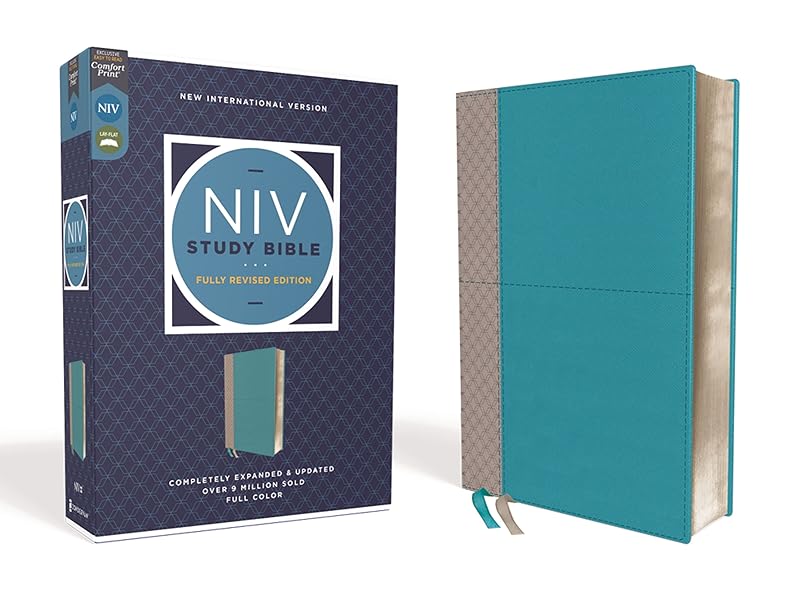 NIV Study Bible, Fully Revised Edition (Study Deeply. Believe Wholeheartedly.), Leathersoft, Teal/Gray, Red Letter, Comfort Print by Zondervan