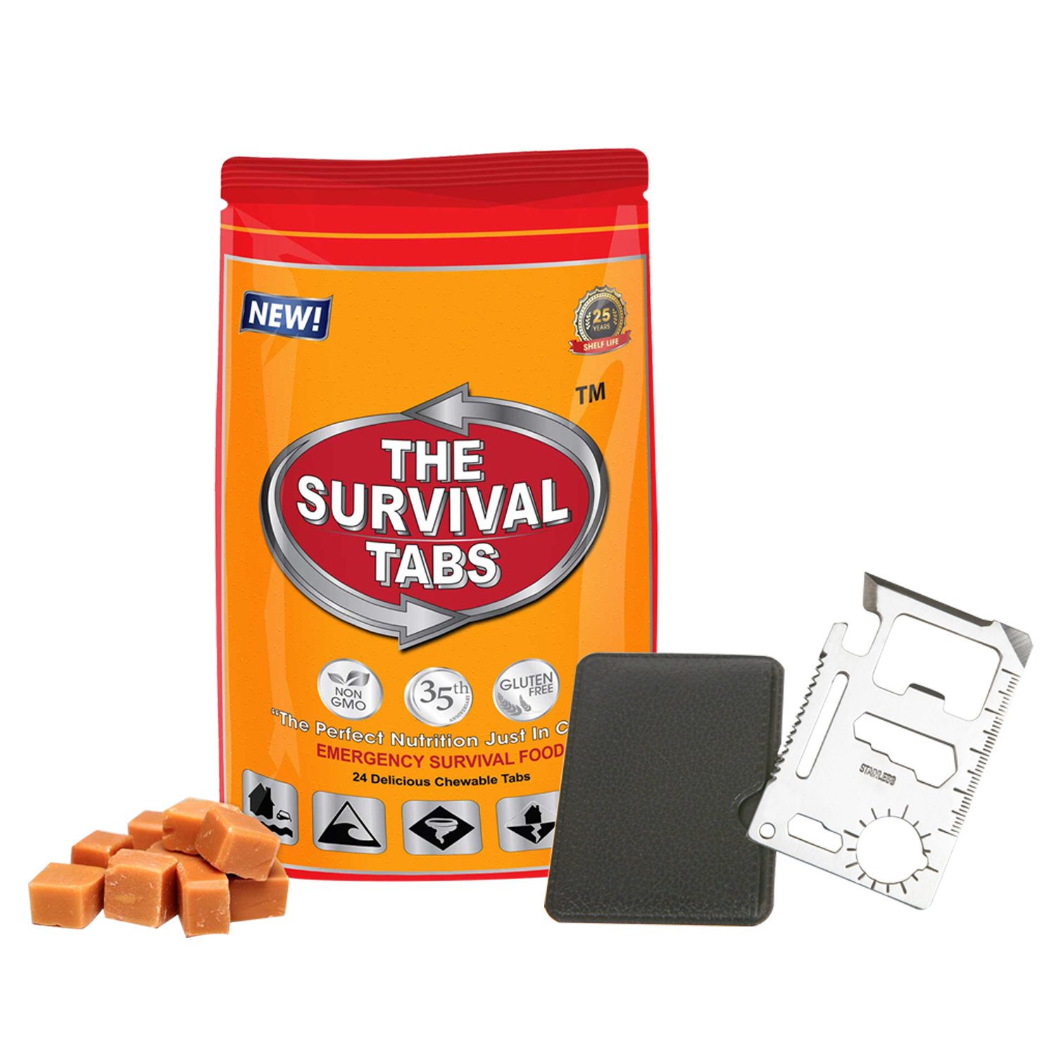 

11 in1 Multi Tools Hunting Survival Camping Pocket Military Credit Card Knife + New Advanced Formula MRE Meals Ready-to-eat Survival Meal 2-Day supply 24 tabs Ultimate Bugout Food 25 Years shelf life Gluten Free and Non-GMO - Butterscotch Flavor