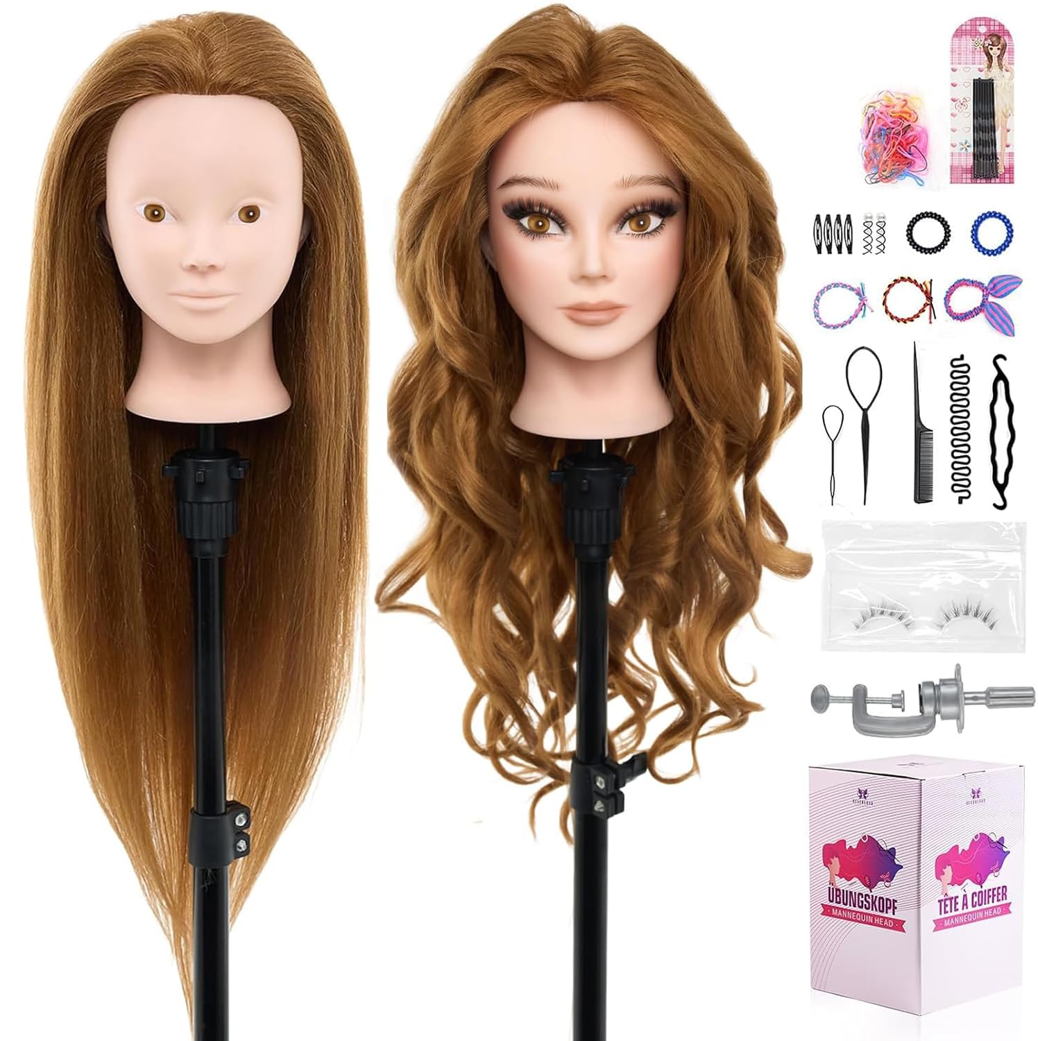 28" Mannequin Head Human Hair - 80% Real Hair Mannequin Head For Makeup Practice, Cosmetology Manikin Doll Head ForHair Styling, Hairdressing Training_voghion.com