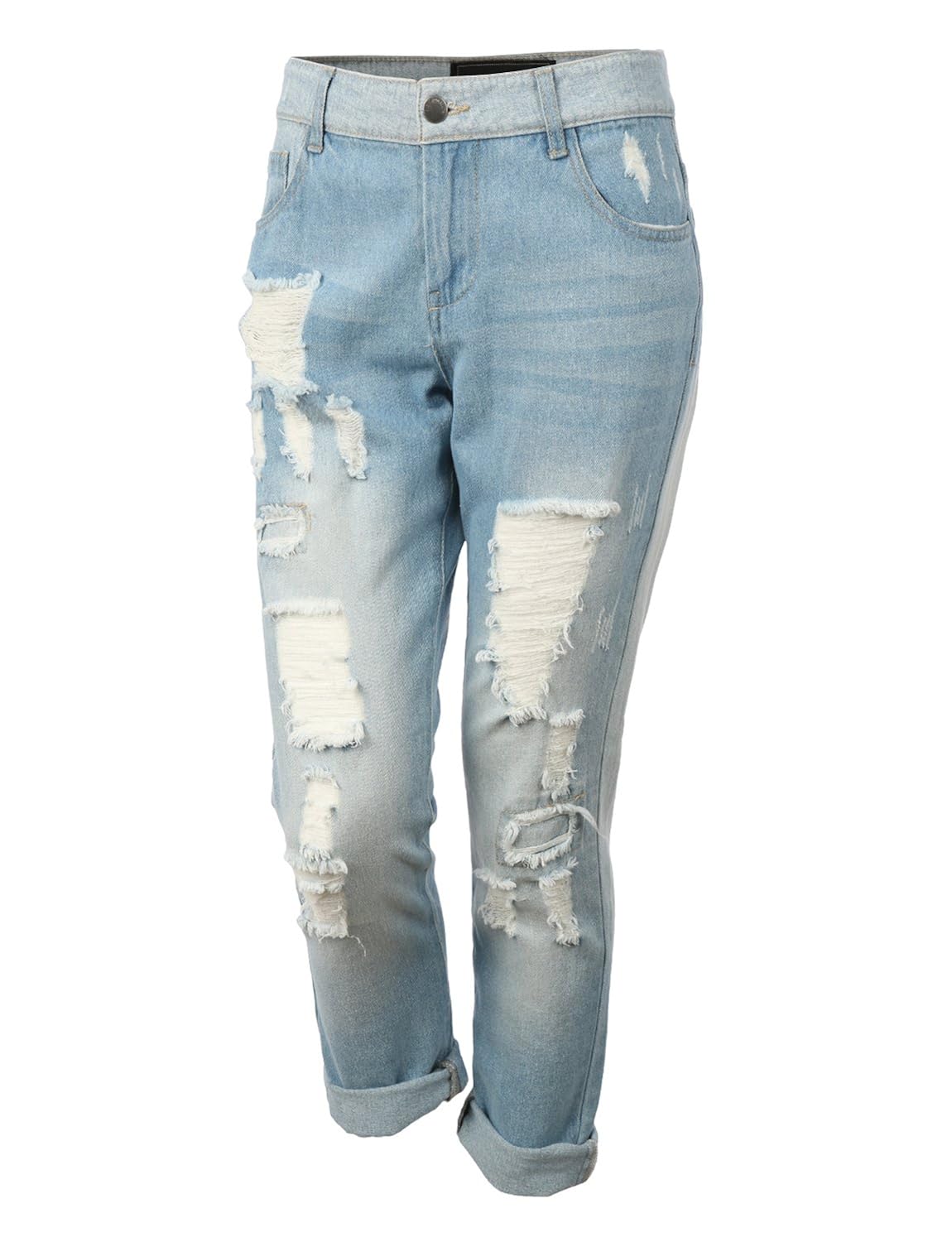 

RubyK Womens Lightweight Distressed Ripped Roll Up Boyfriend Jeans