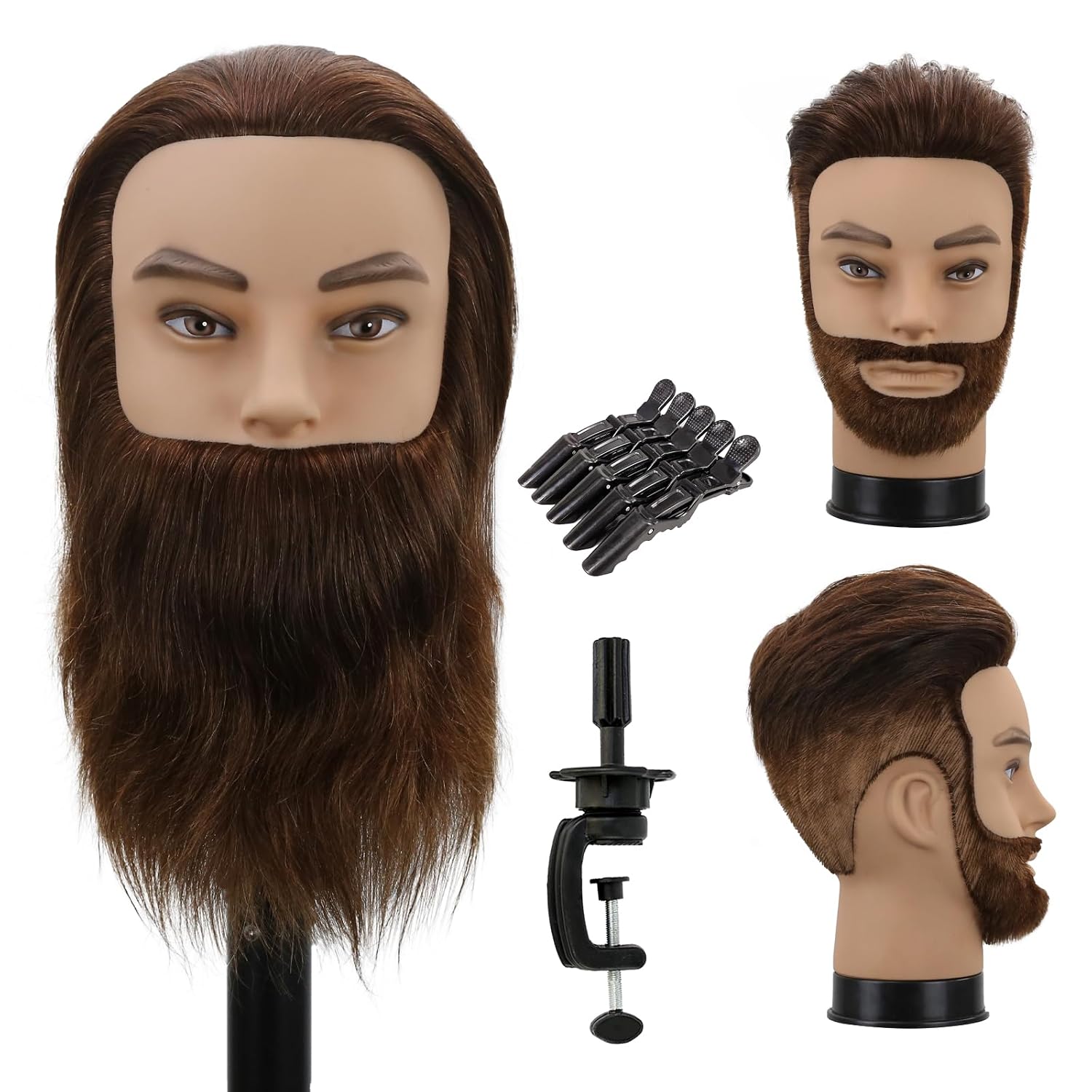 Male Mannequin Head,Training Head With 100% Human Hair 12inch Barber Mannequin Head Male Mannequin Head With Beard For Hair Styling,(Dark Brown)_voghion.com