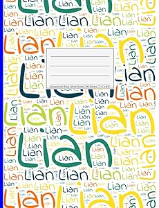 Lian: Wide Ruled Composition Book, 200 pages, size 7.44" x 9.69", white paper with light grey lines, Soft white cover filled with wordcloud made of ... colors and directions and a blue spline.