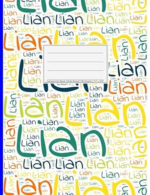 Lian: Wide Ruled Composition Book, 200 pages, size 7.44" x 9.69", white paper with light grey lines, Soft white cover filled with wordcloud made of ... colors and directions and a blue spline.