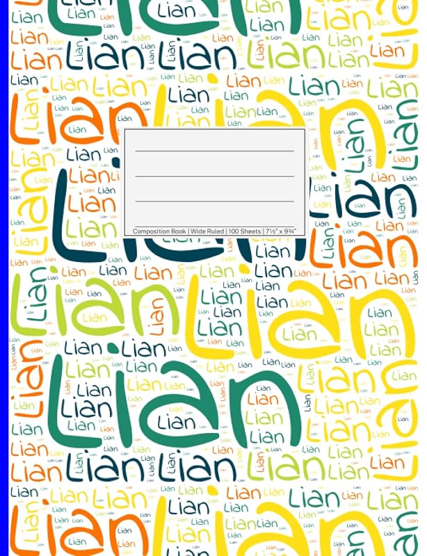 Lian: Wide Ruled Composition Book, 200 pages, size 7.44" x 9.69", white paper with light grey lines, Soft white cover filled with wordcloud made of ... colors and directions and a blue spline. by NWF Publishing