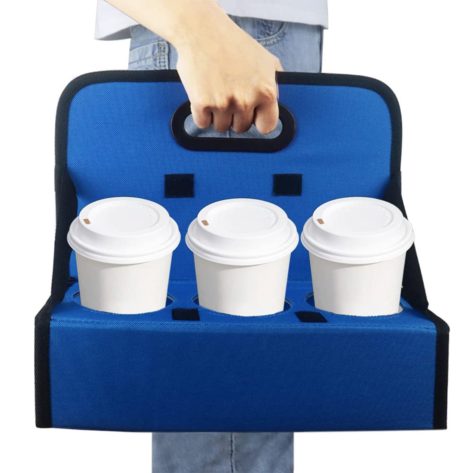ZKOO Portable Drink Carrier with Handle, 6 Cup Foldable Portable Drink Carrier, Reusable Cup Holder Carry Coffee, Wine, Cocktails, Hot and Cold Beverages for Delivery and Take Out (Blue)