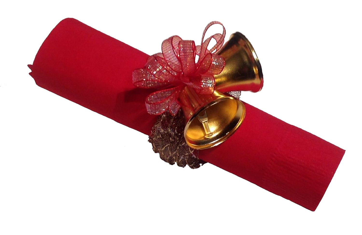 

8 Napkin Rings Gold Metal Clinking Bells with Red Ribbon and Bow