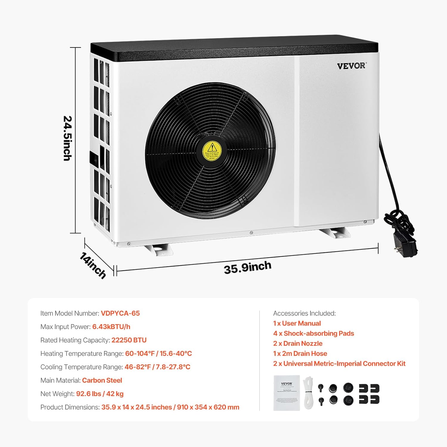 VEVOR Elektrische Pool-Wärmepumpe, 22250 BTU, Poolheizung für Aufstell- und Einbaupools (11400–2500 Liter), geräuscharm, hocheffizientes Heizen und Kühlen._voghion.com
