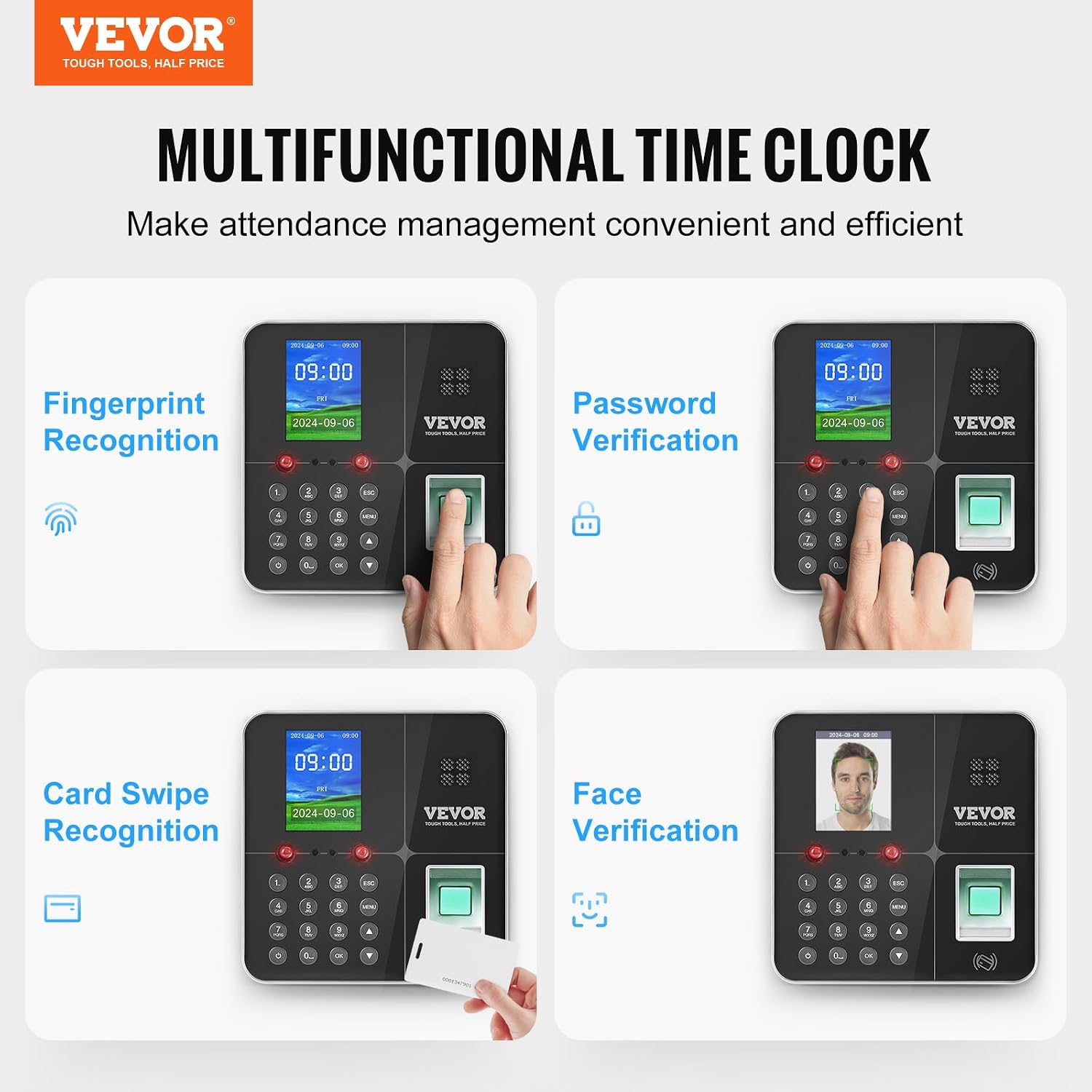 VEVOR Time Clocks For Employees Small Business With Face, Fingerprint, RFID And PIN Punching In One, Biometric Time Clock With 5 RFID Cards &USB Drive_voghion.com
