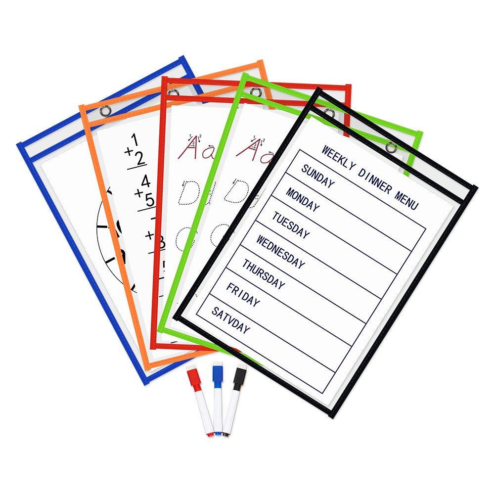 ZKOO Reusable Dry Erase Pockets with 3 Dry Erase pens, 13.5X 9.5 Inches, Perfect for Teacher, Student, and Office Worker use (5 Pack)