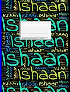 Ishaan: Wide Ruled Composition Book, 200 pages, size 7.44" x 9.69", white paper with light grey lines, Soft black cover filled with wordcloud made of ... colors and directions and a blue spline.