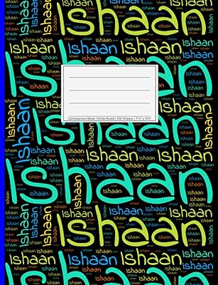 Ishaan: Wide Ruled Composition Book, 200 pages, size 7.44" x 9.69", white paper with light grey lines, Soft black cover filled with wordcloud made of ... colors and directions and a blue spline.