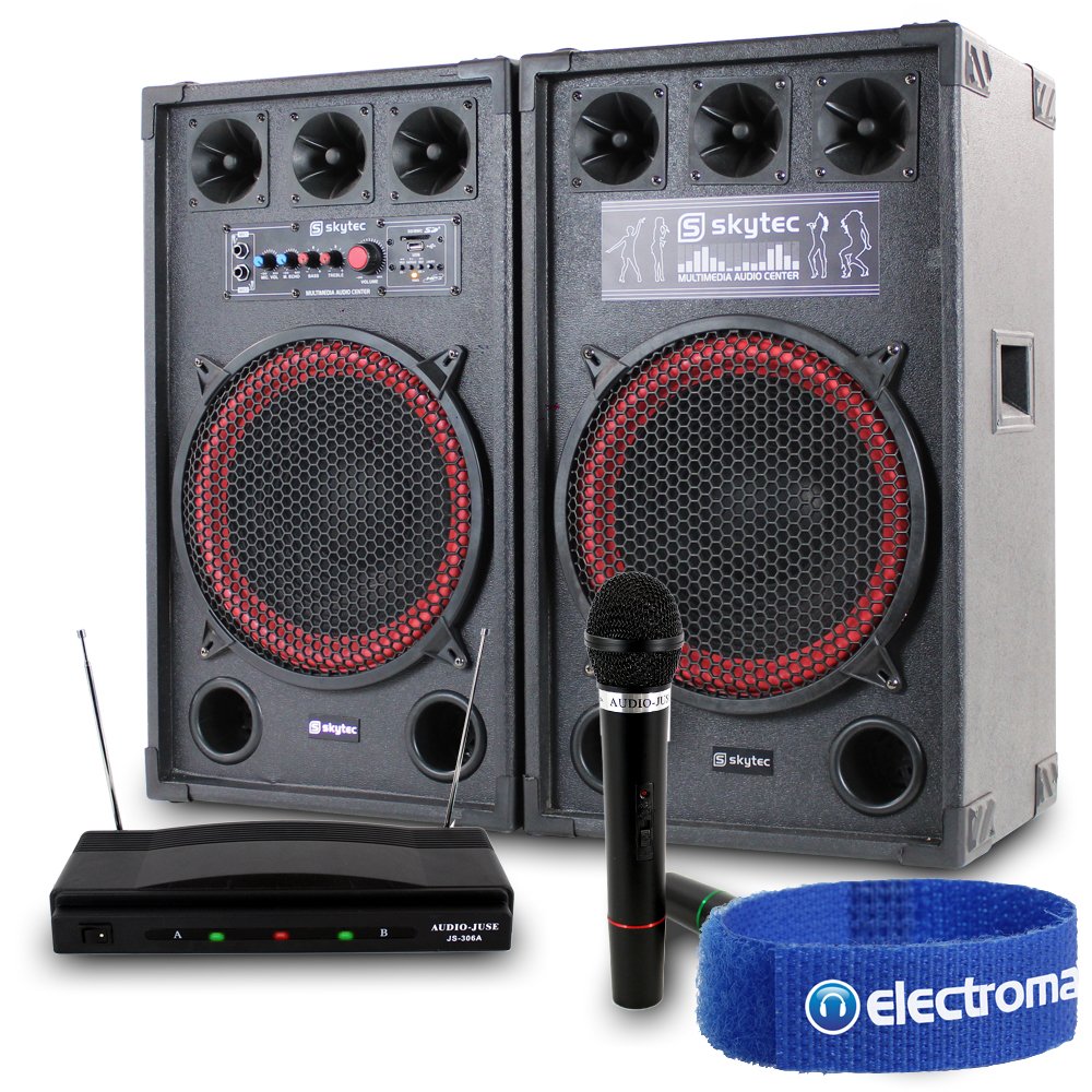 2x Skytec 12" Red Active Powered DJ PA Party Speakers + 2x Wireless Microphones Sound System 800W