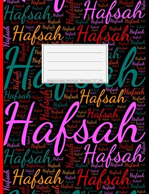 Hafsah: Wide Ruled Composition Book, 200 pages, size 7.44" x 9.69", white paper with light grey lines, Personalized soft black cover filled with ... sizes, colors, directions and a red spline.